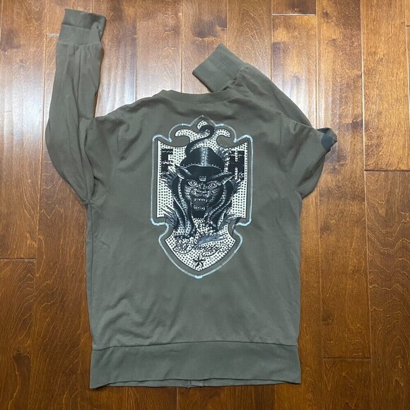 Ed Hardy Crouching Panther Studded Army Green Cardigan Sweater Men's 2XL - Picture 5 of 11